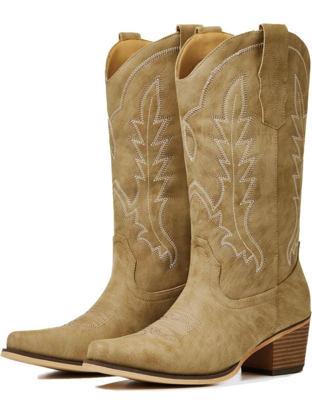 〽️Women's Mid-Calf Cowgirl Boots Khaki Leather Block Heel Embroidered Square Toe